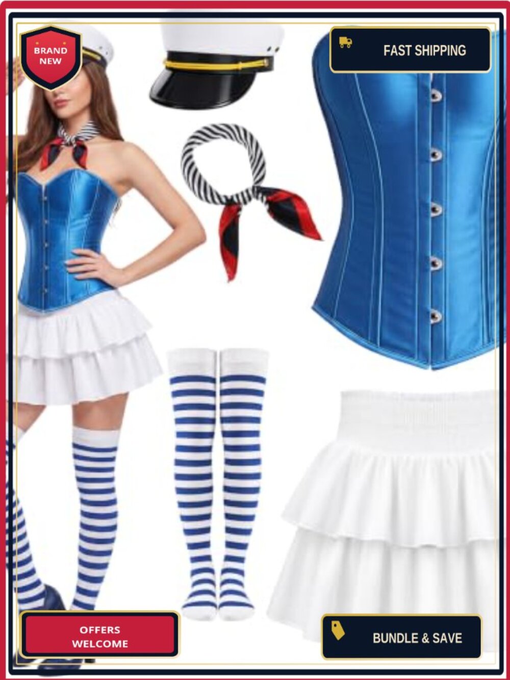 Women's 5-Piece Sailor Costume Set Corset Skirt Hat Scarf Socks Cosplay